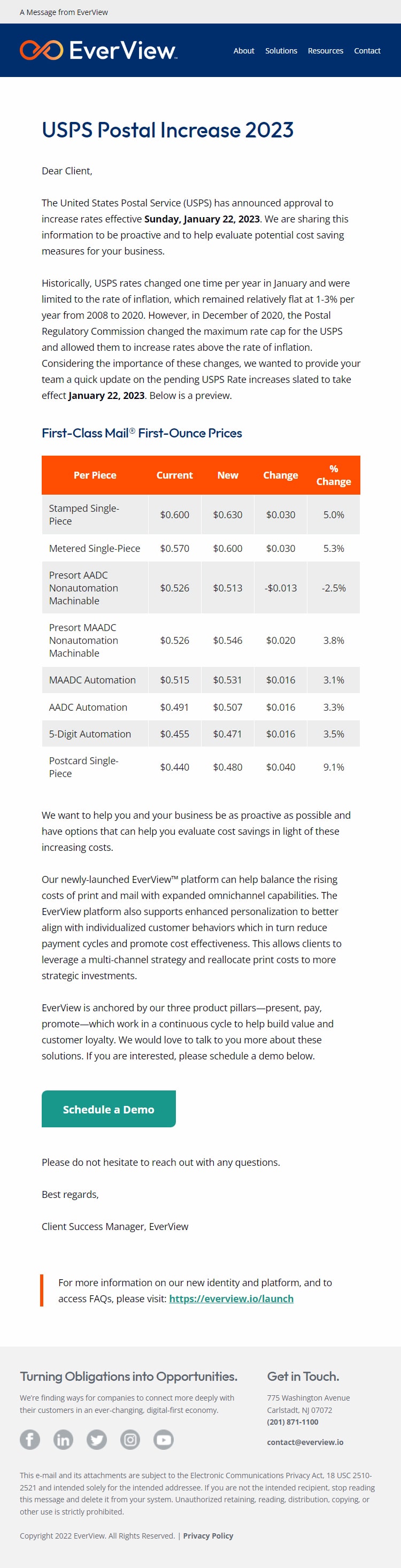 EverView USPS Postal Increase Email