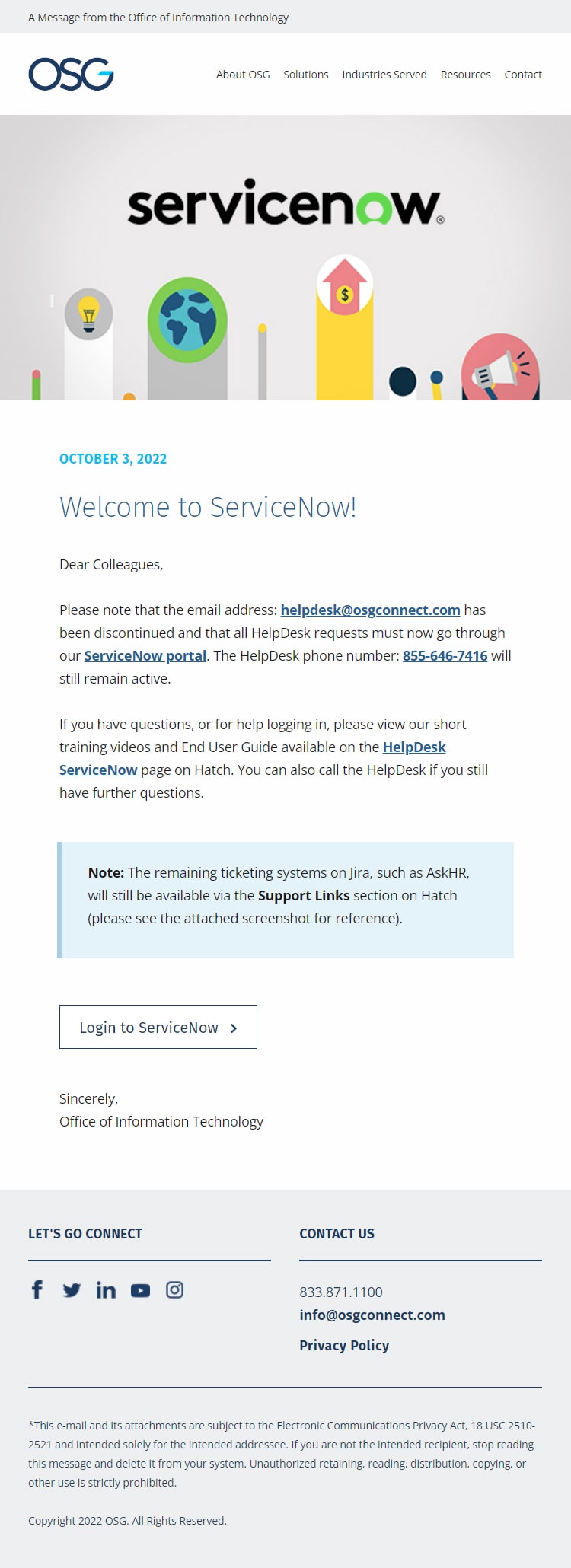 OSG Welcome to ServiceNow Email